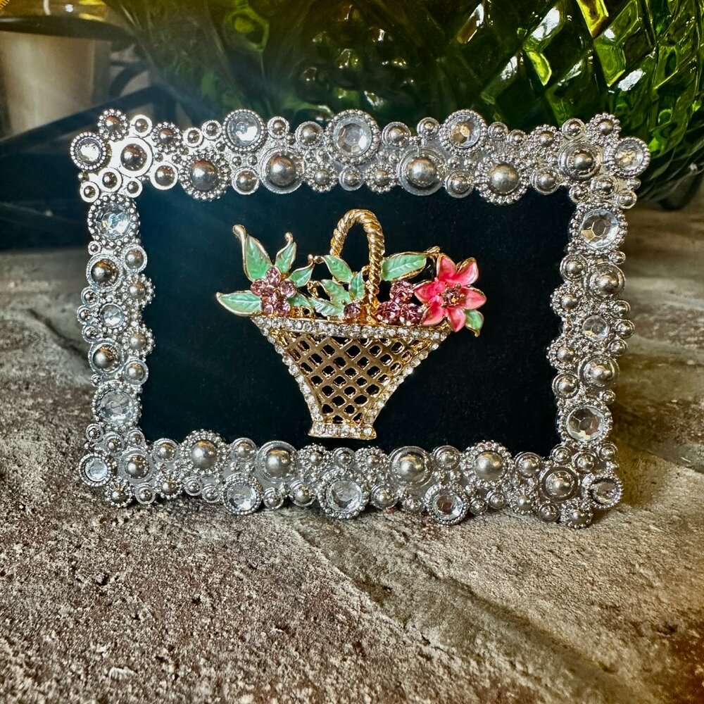 Framed Jewelry Gold Wicker Basket with Pink Crystals Enamel Flower and Leaves